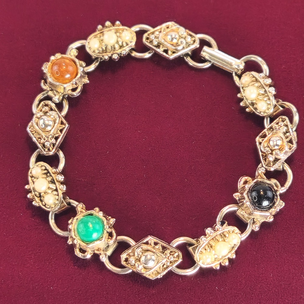 Vintage Mid Century Multicolor Cabochon Faux Pearl Silver Tone Link Bracelet